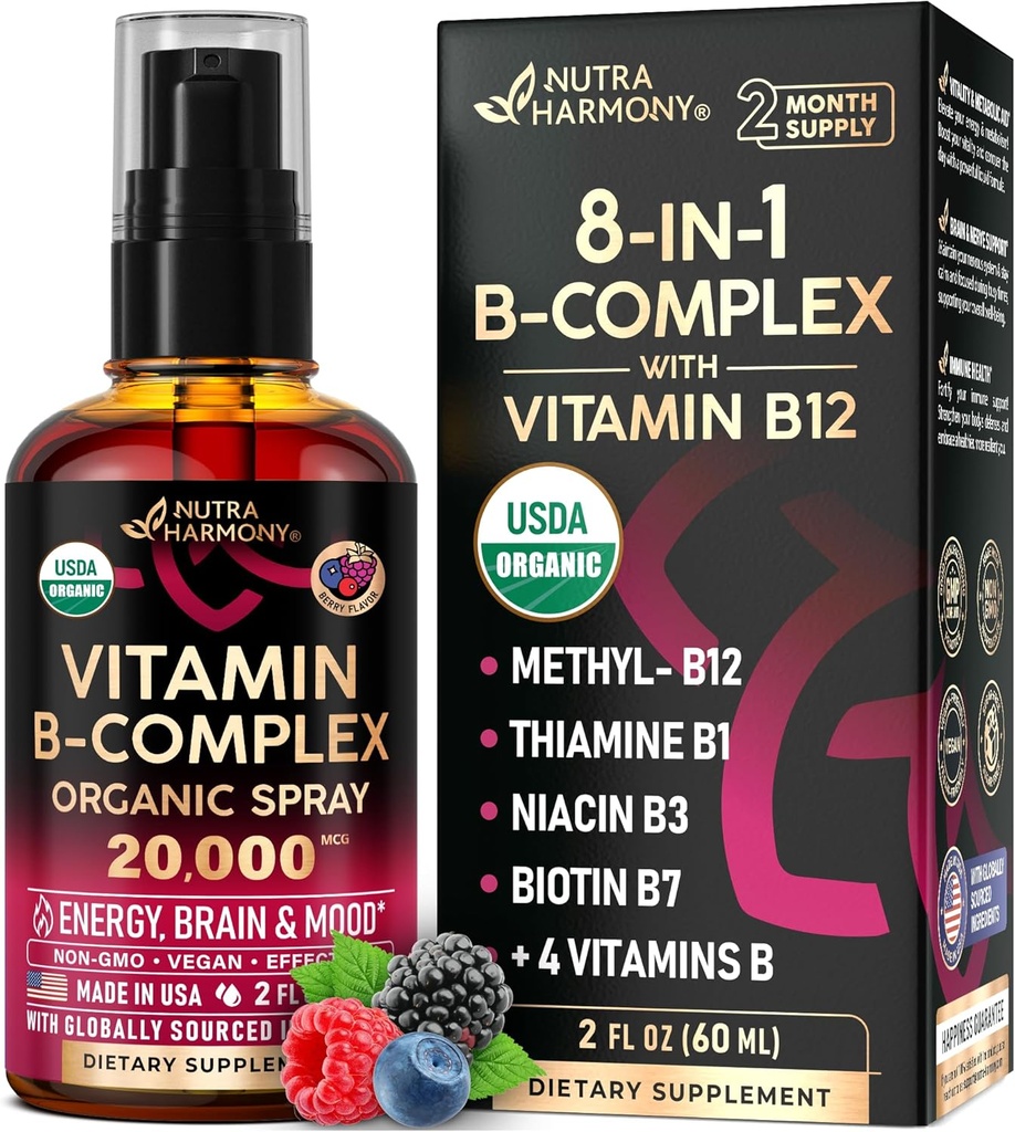USDA Organic Vitamin B-Complex Liquid Spray 8-in-1 - B5 Pantothenic Acid | B12 Methylcobalamin | B1 Thiamine | B6 Pyridoxine | B7 Biotin | B9 Folic | B3 Niacinamide - Made in USA Supplement, 2fl oz 2