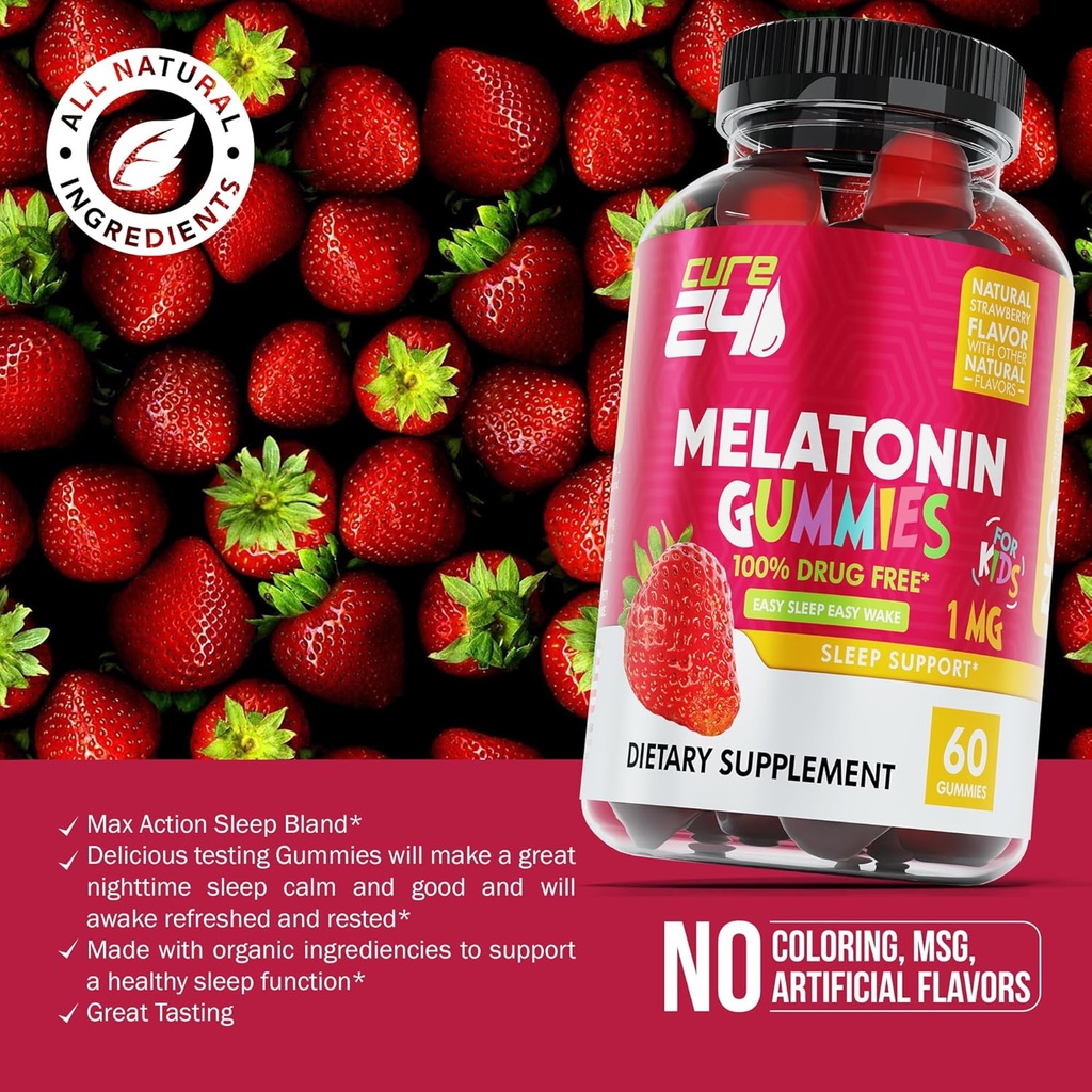 Kids Melatonin Gummy, Effective 1MG Sleep Gummies Supplement for Children 3+, Drug-Free, Natural Fruity Strawberry Flavor, Made in USA 4