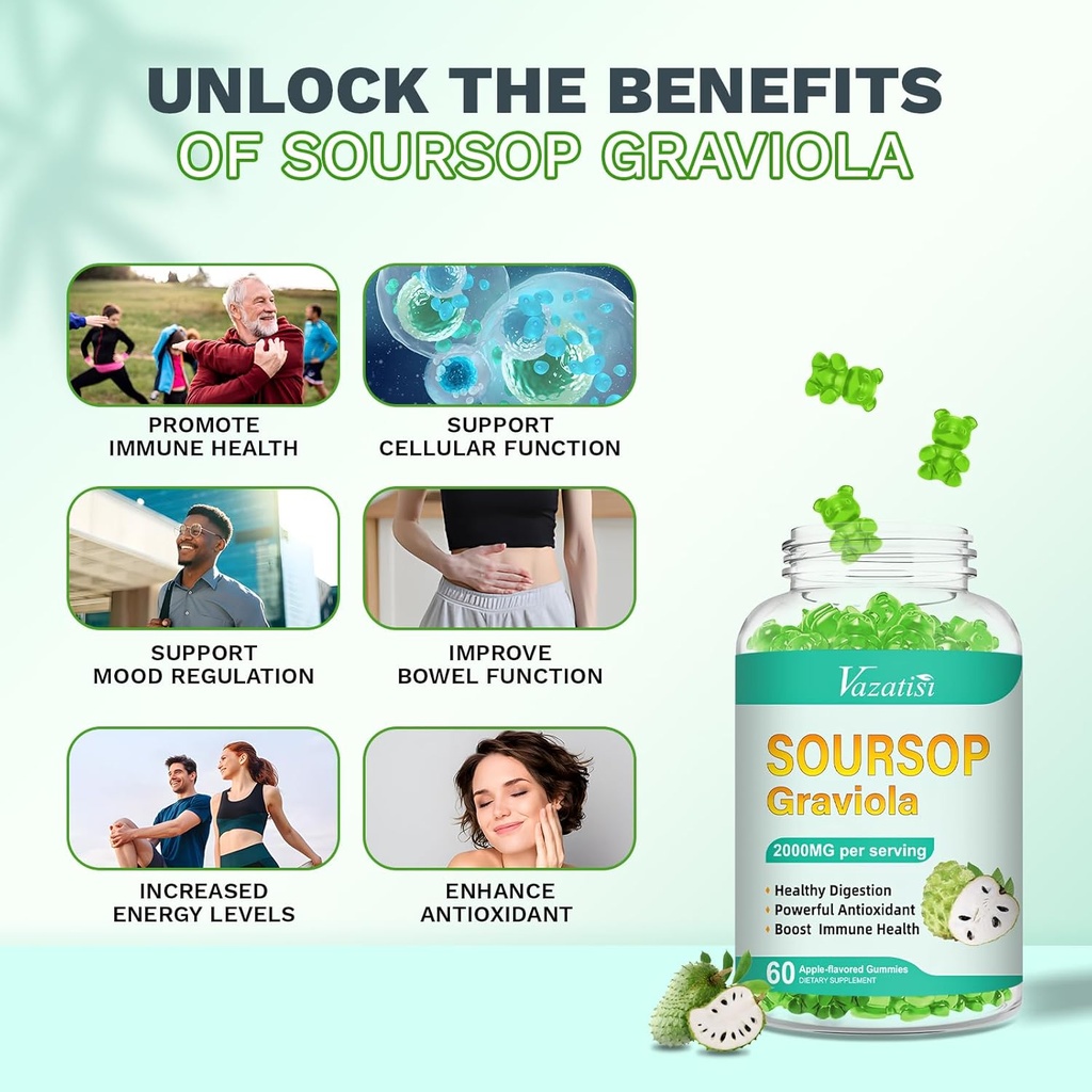 Soursop Graviola Gummeis, Organic Soursop Leaves and Fruit Extract for Cell Support & Regeneration, Immune Boost, Digestive Aid, Sugar Free/Vegan, 60 Count 4