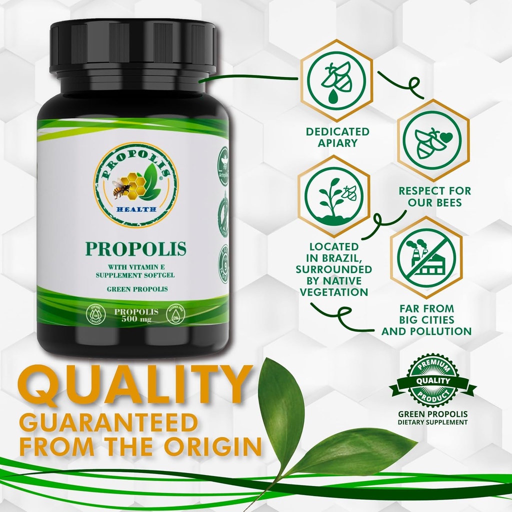 Propolis Health Propolis Capsules 1000mg-Daily with Vitamin E Per dose - Pure Brazilian Green Propolis Extract - Immune Booster 50 Days Supply -100 Capsules 4