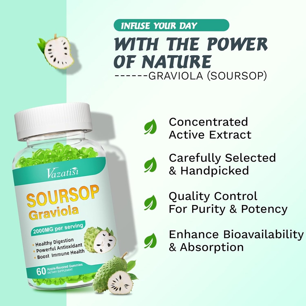 Soursop Graviola Gummeis, Organic Soursop Leaves and Fruit Extract for Cell Support & Regeneration, Immune Boost, Digestive Aid, Sugar Free/Vegan, 60 Count 5