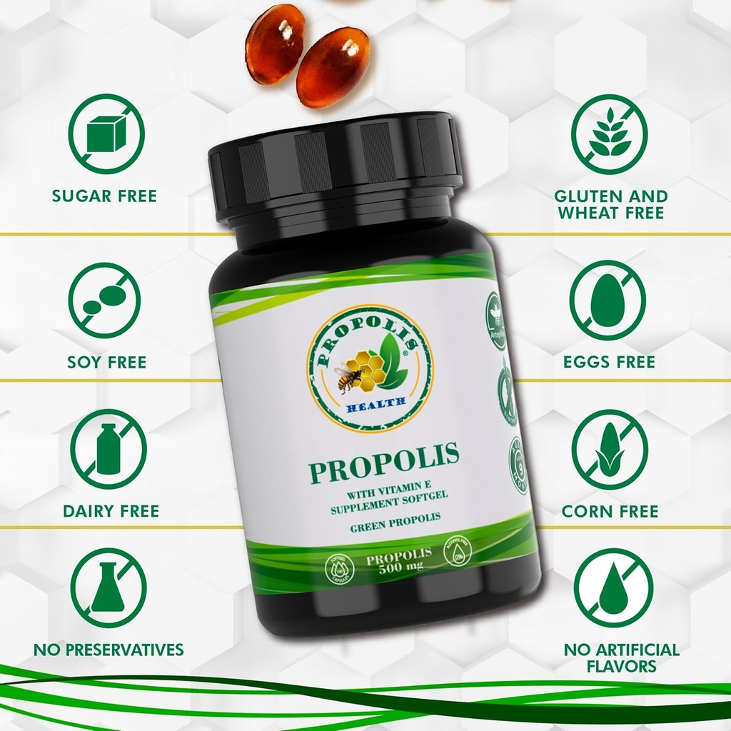 Propolis Health Propolis Capsules 1000mg-Daily with Vitamin E Per dose - Pure Brazilian Green Propolis Extract - Immune Booster 50 Days Supply -100 Capsules 5