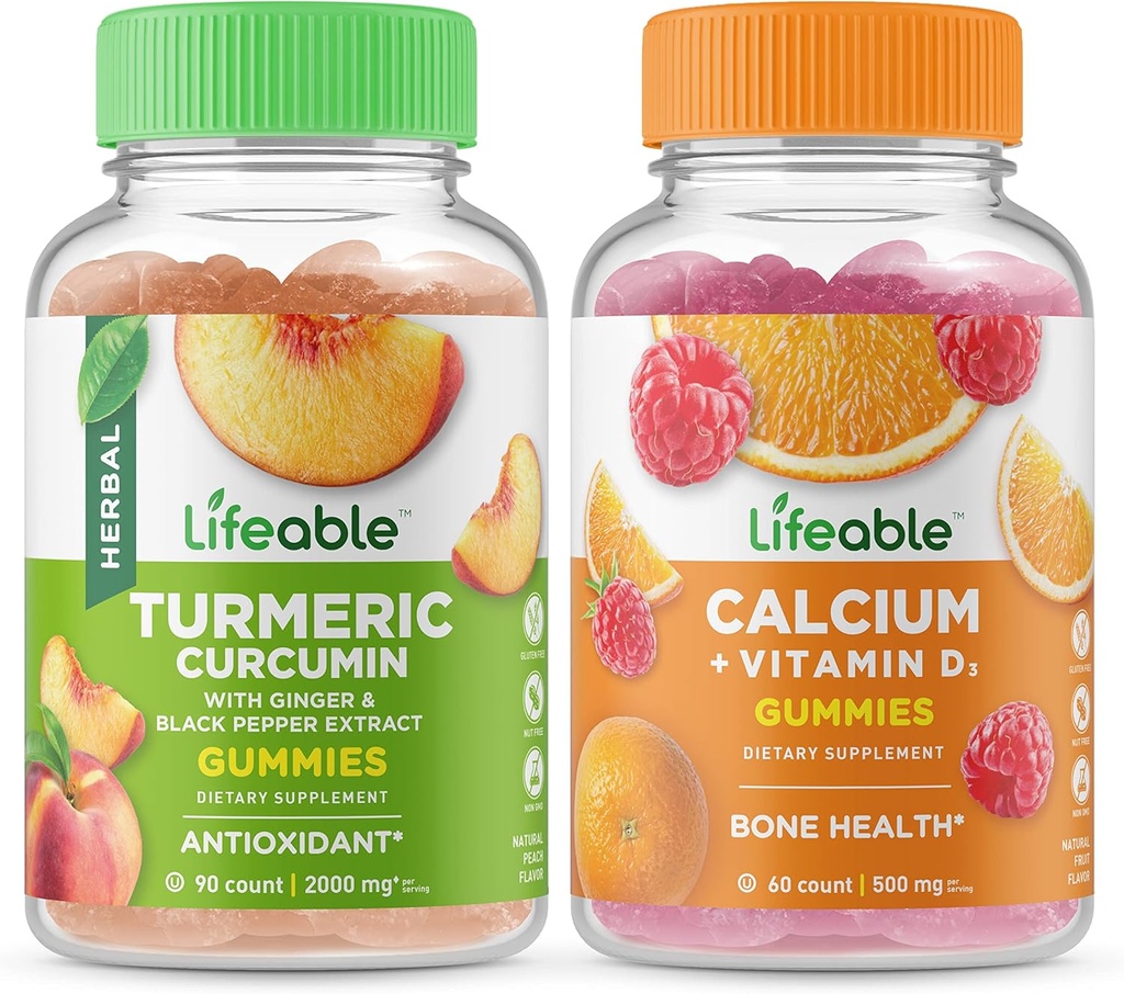 Lifeable Turmeric Curcumin + Calcium with Vitamin D, Gummies Bundle - Great Tasting, Vitamin Supplement, Gluten Free, GMO Free, Chewable Gummy 2
