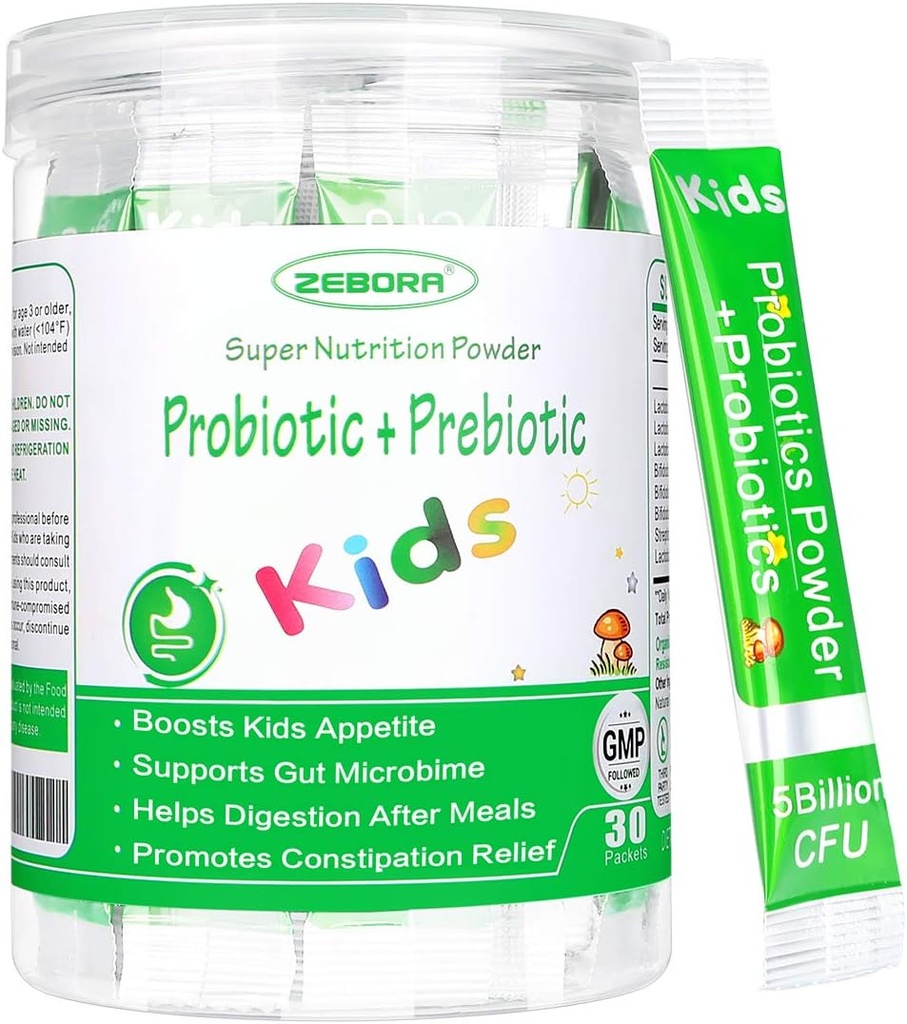 ZEBORA Kids Probiotic & Prebiotics Powder Age 3+ Support Children's Digestive & Immune System with Natural Source, Promotes Constipation Relief, Non-GMO, Gluten-Free, 30 Packets with 5 Billion CFUs 2