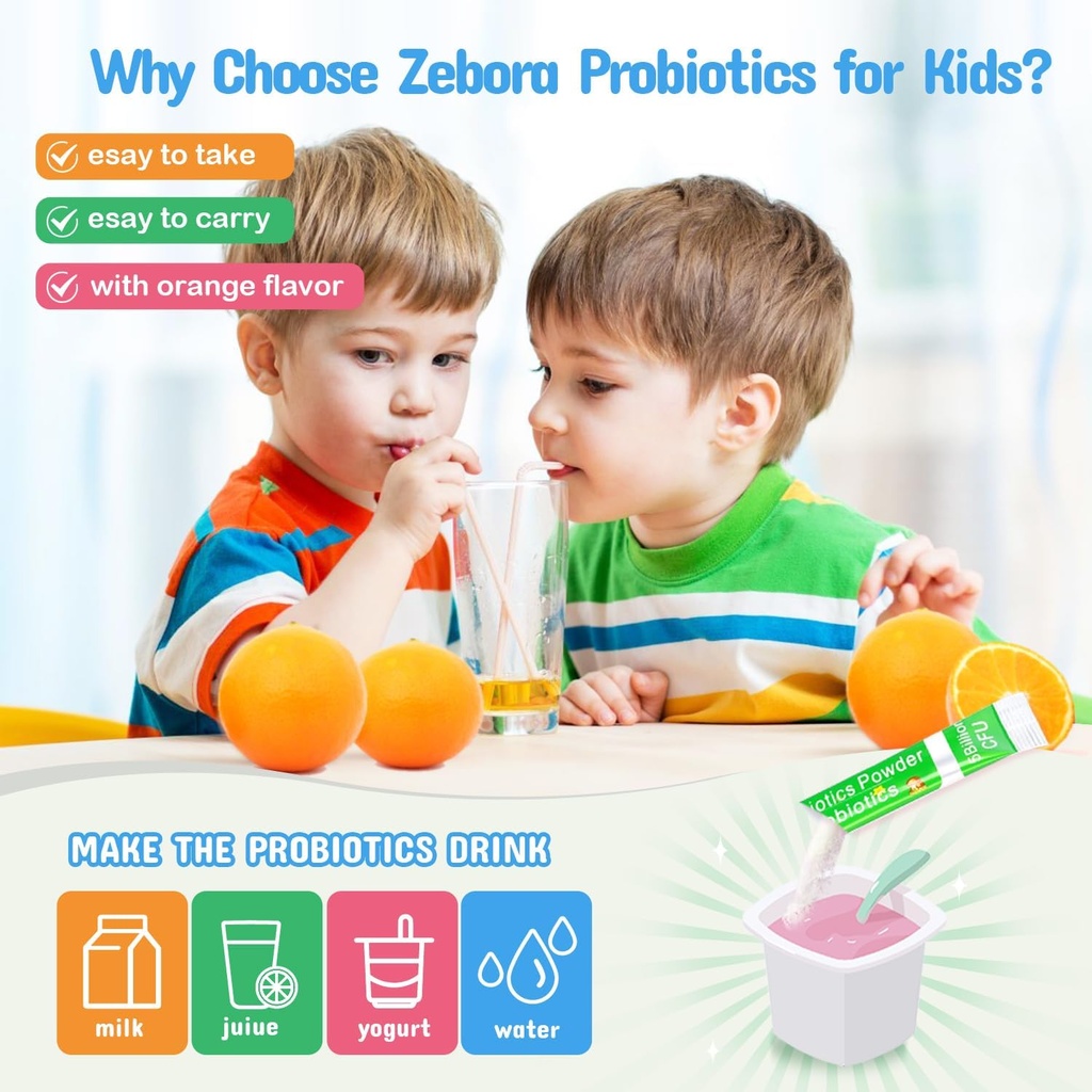 ZEBORA Kids Probiotic & Prebiotics Powder Age 3+ Support Children's Digestive & Immune System with Natural Source, Promotes Constipation Relief, Non-GMO, Gluten-Free, 30 Packets with 5 Billion CFUs 4