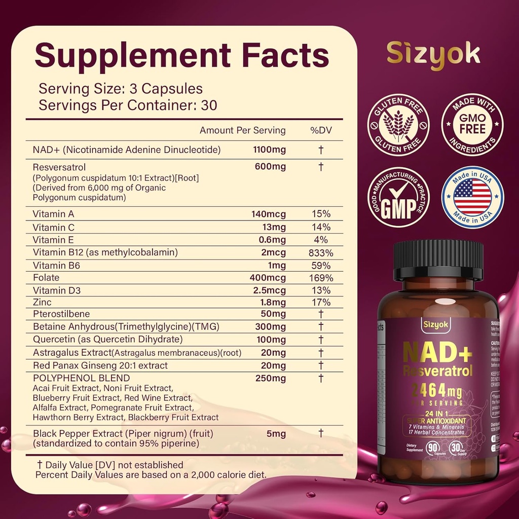 NAD Supplement, Liposomal NAD+ Supplement with Resveratrol, NAD Resveratrol Supplement - Boost NAD+ for Aging Defense, Energy, Focus - Ultra Antioxidant Capsules，132 3