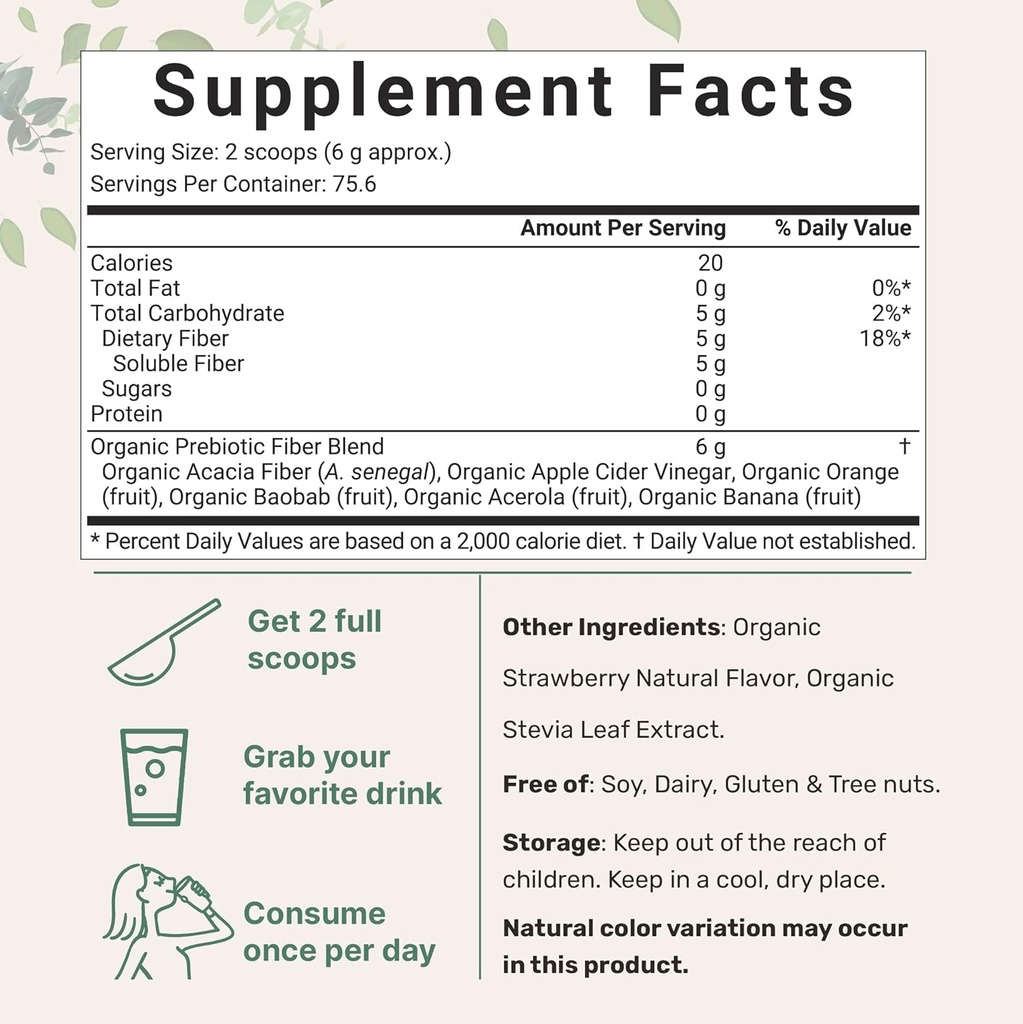 Organic Prebiotics Fiber Powder | 1Lb, 6 in 1 All Natural Plant | Fruit Formula, Strawberry Flavor, Vegan | Keto, No Additives, No Fillers, Supports Healthy Digestion & Immune System for Women and Men 3