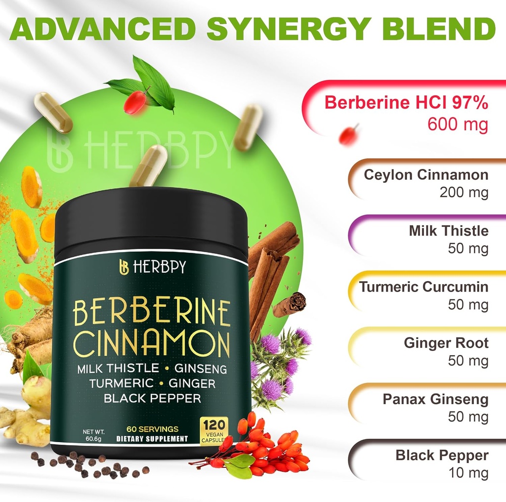 7in1 Premium Berberine and Ceylon Cinnamon for Weight Management, Digestion, Heart Health & Immune Support - with Ginseng, Turmeric, Ginger, Milk Thistle & Black Pepper - 120 Vegan Capsules 4