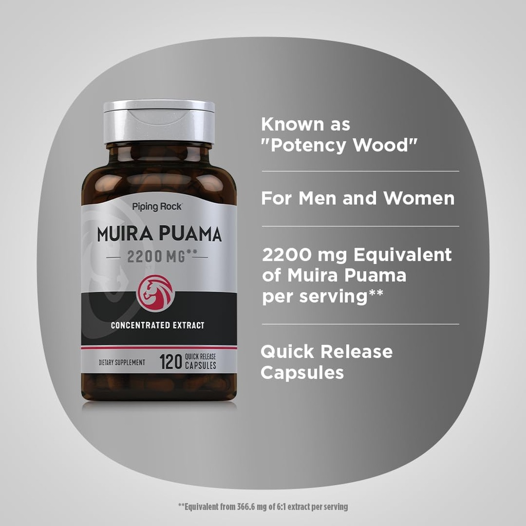 Piping Rock Muira Puama Root Extract 2200 mg | 120 Capsules | for Men & Women | Non GMO, Gluten Free Supplement 5