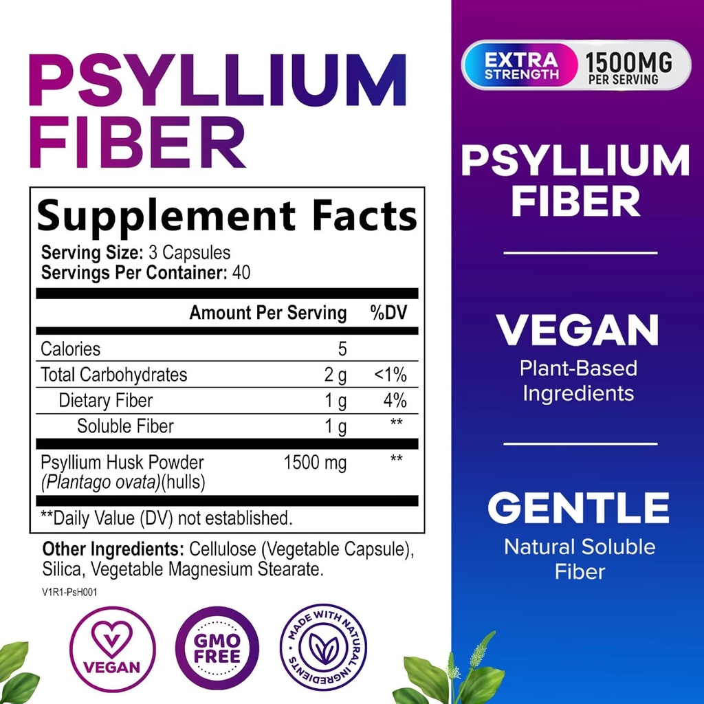 Psyllium Husk Fiber Supplement 1500mg - Vegan Prebiotic, Soluble Fiber for Daily Digestive Health & Regularity Support, Natural Psyllium Powder Caps, Sugar-Free, Non-GMO & Gluten-Free - 120 Capsules 3