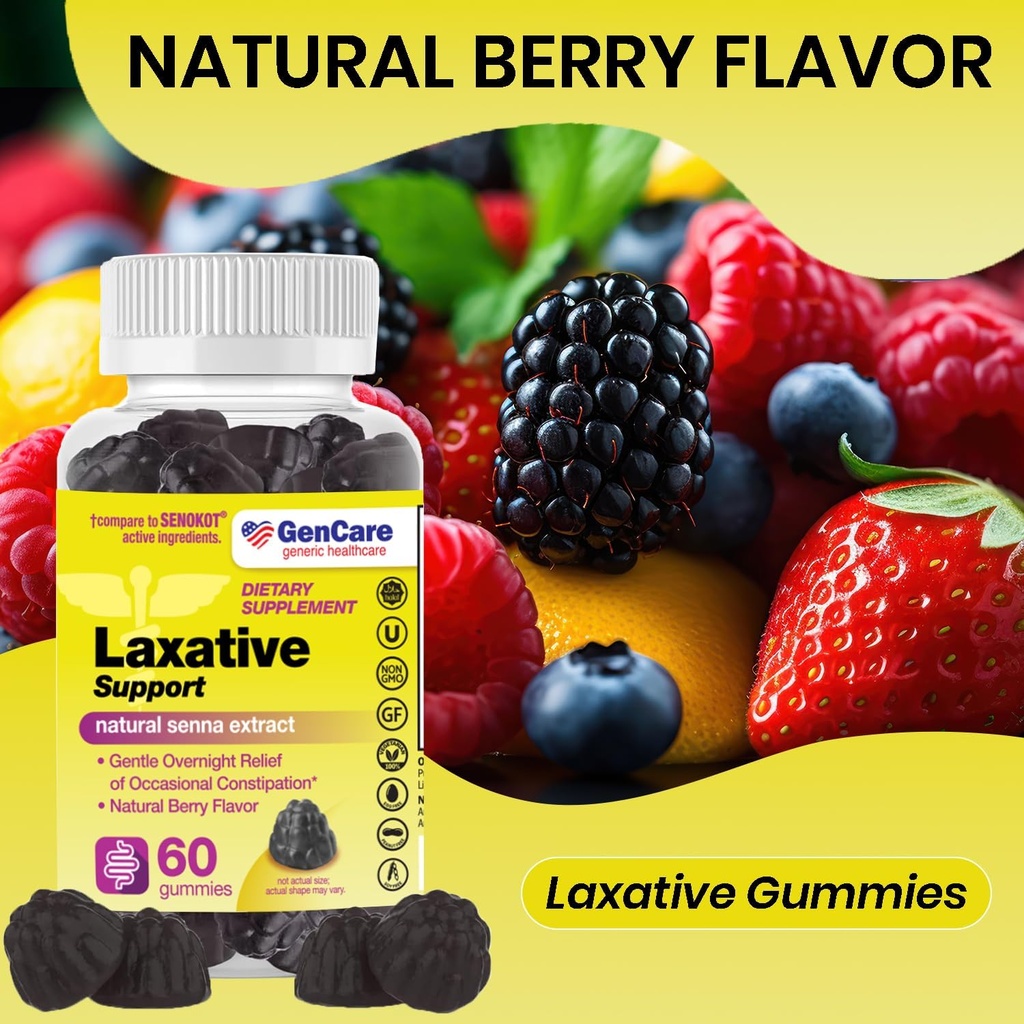 GenCare - Laxative Support Gummies with Natural Senna Extract (60 Gummies) - Gentle Overnight Relief of Occasional Constipation for Adults and Children 6 and Older - Non GMO Vegetable Laxative 3