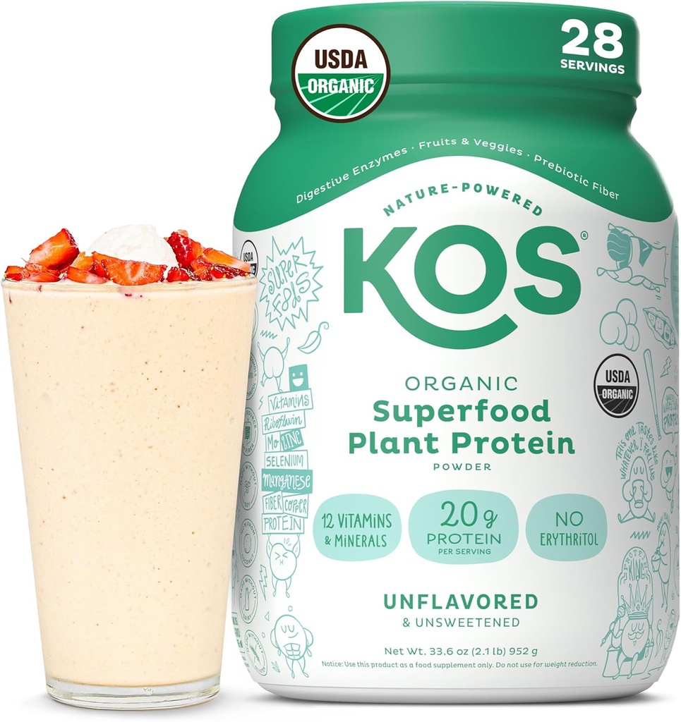 KOS Vegan Protein Powder, Unflavored & Unsweetened - Low Carb Pea Protein Blend, Organic Superfood Rich in Vitamins & Minerals - Keto, Soy, Dairy Free - Meal Replacement for Women & Men - 28 Servings 2