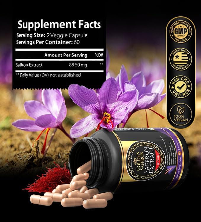 Golden Saffron Saffron Extract Capsules - Premium Saffron Supplements - 88.50 mg Pure Saffron Pills - Mood Support - Eye Support - Emotional Balance, Focus & Eye Health Made in The USA - 60 Capsules 5