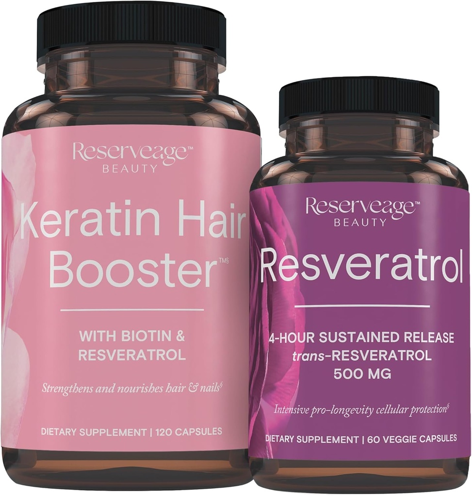 Reserveage Nutrition Keratin Hair Booster with Biotin & Resveratrol, Hair and Nail Growth Supplement, 120 Capsules (60 Servings) & Resveratrol 500 mg, Supports Healthy Aging and Immune System 2