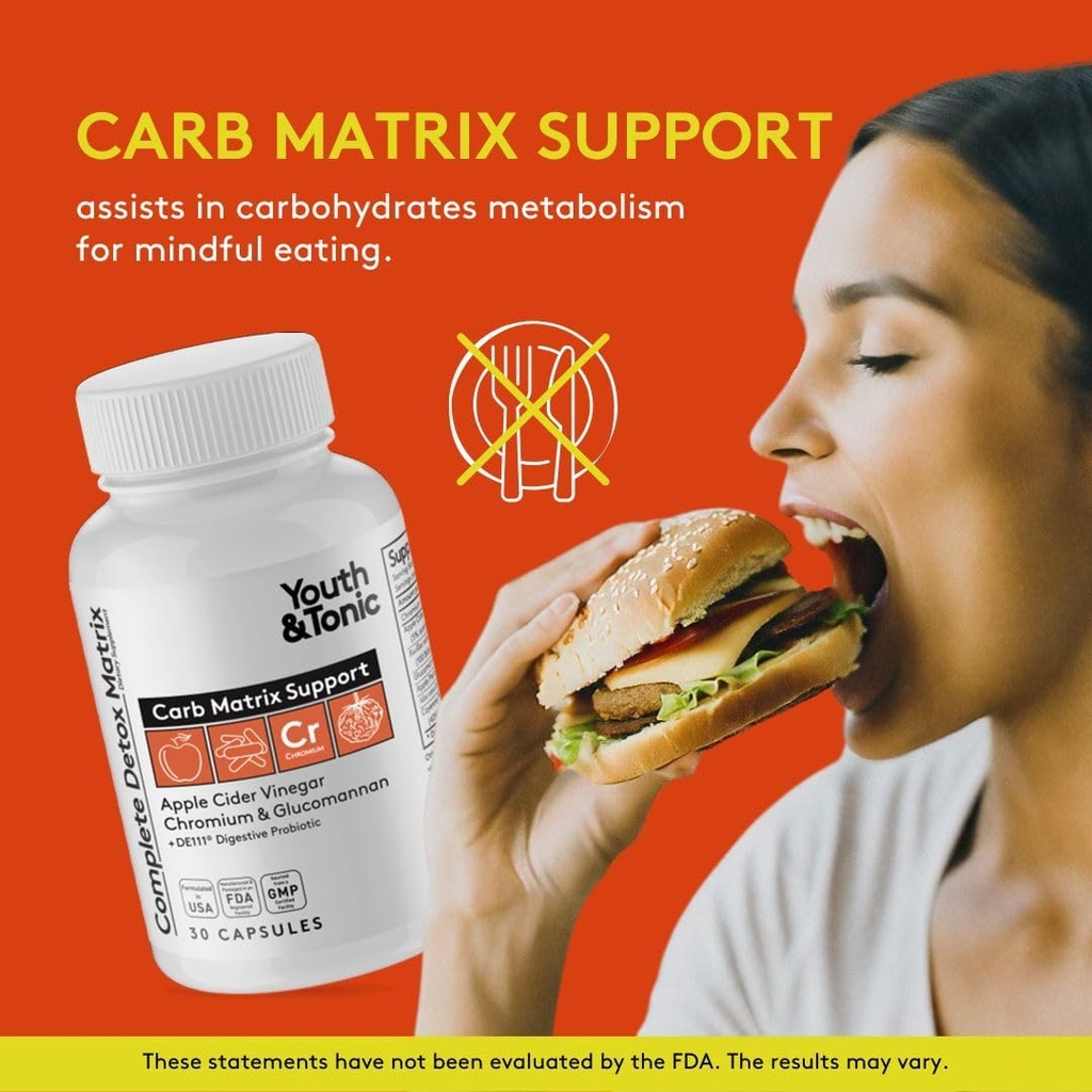 Youth & Tonic Balanced Detox Pills as Complete Gut Cleanse & Carb Matrix Support with ACV, Glucomannan, Chromium for Body Detoxing & Digestive Health, Supplement for Men & Women, Third-Party Tested 4