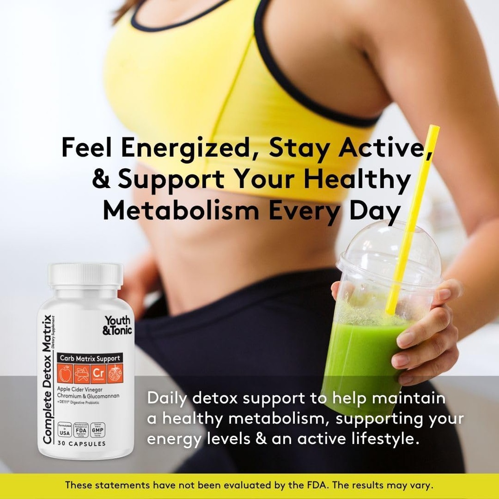 Youth & Tonic Balanced Detox Pills as Complete Gut Cleanse & Carb Matrix Support with ACV, Glucomannan, Chromium for Body Detoxing & Digestive Health, Supplement for Men & Women, Third-Party Tested 5