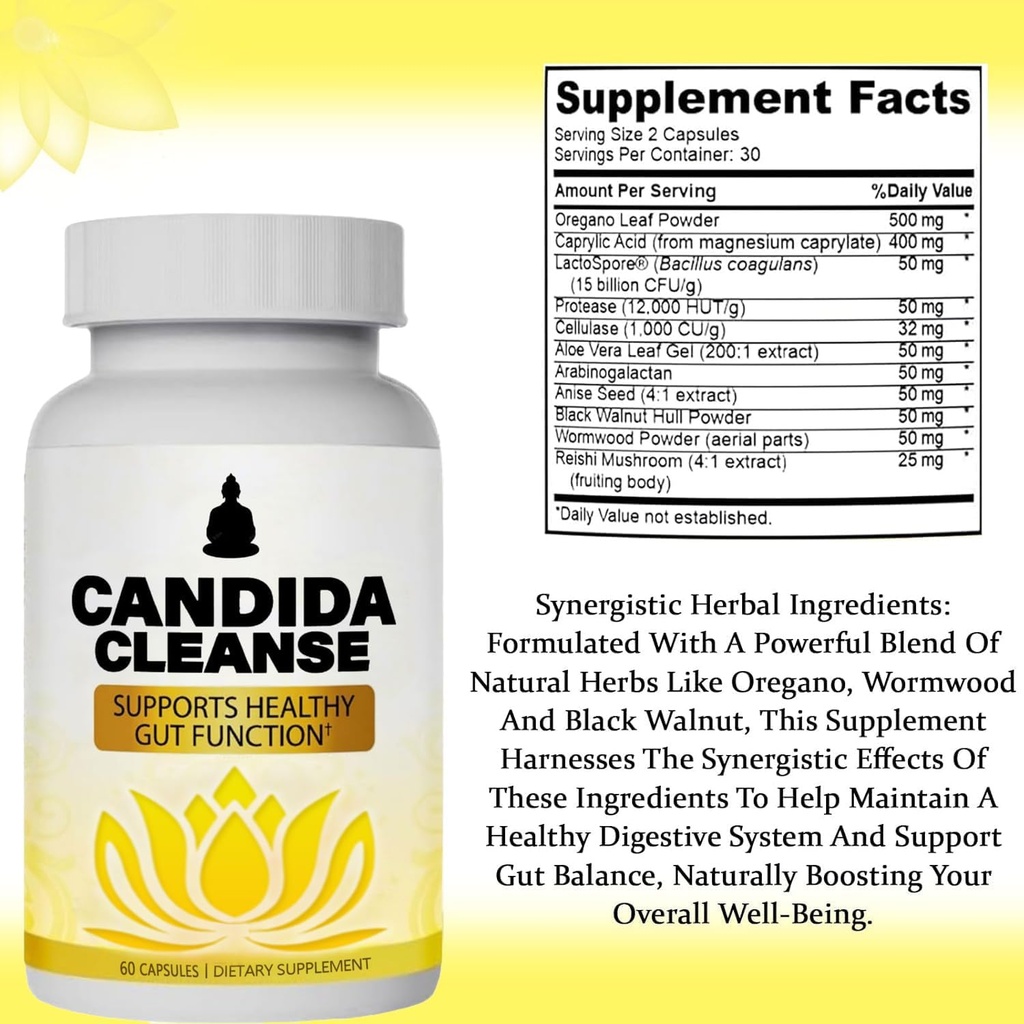 CandiFresh Candida Cleanse - Gut & Colon Support, Natural Herbal Formula, Include Oregano Leaf, Wormwood, Black Walnut, Caprylic Acid-1, 60 Capsules (2) 3