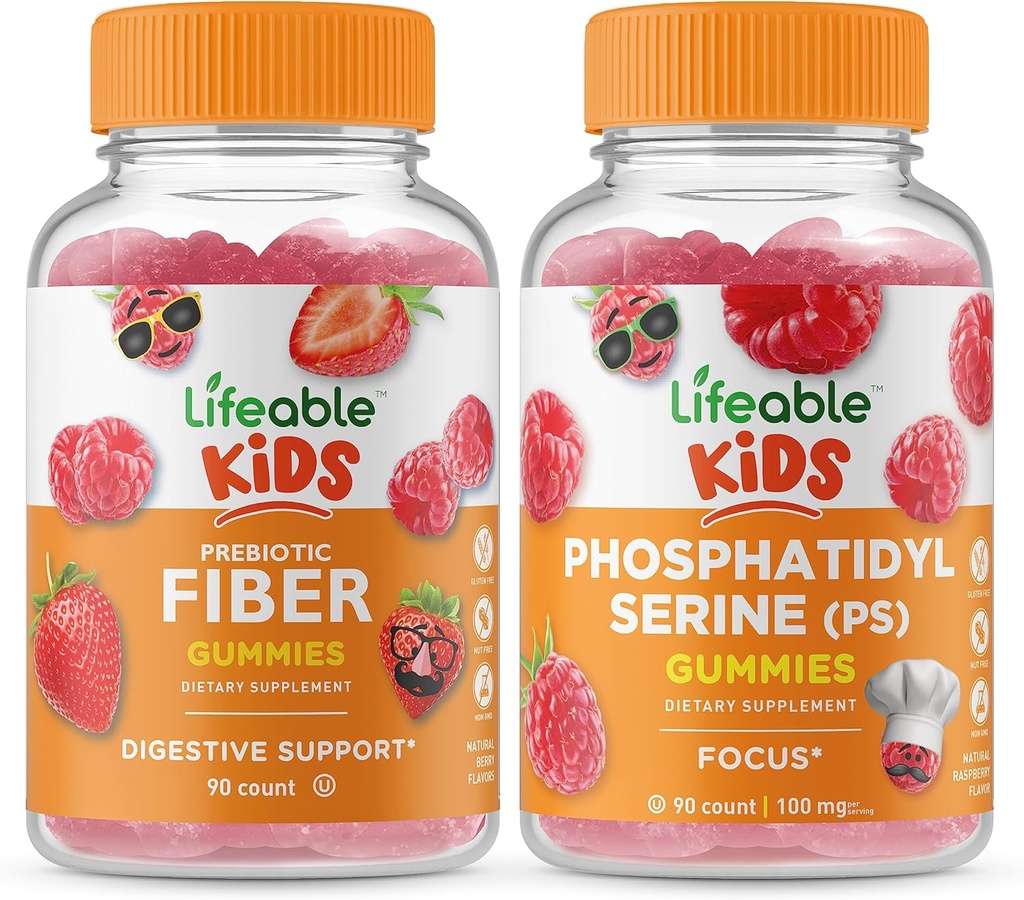 Lifeable Prebiotic Fiber Kids + Phosphatidylserine (PS) Kids, Gummies Bundle - Great Tasting, Vitamin Supplement, Gluten Free, GMO Free, Chewable Gummy 2