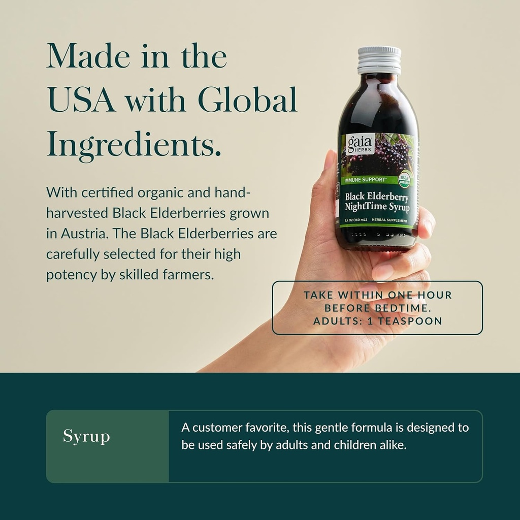 Gaia Herbs Black Elderberry, NightTime Syrup - Immune Support Supplement - With Organic Black Elderberries, California Poppy & Lemon Balm for Restful Sleep & Immune Defense - 5.4 Fl Oz (32-Day Supply) 5