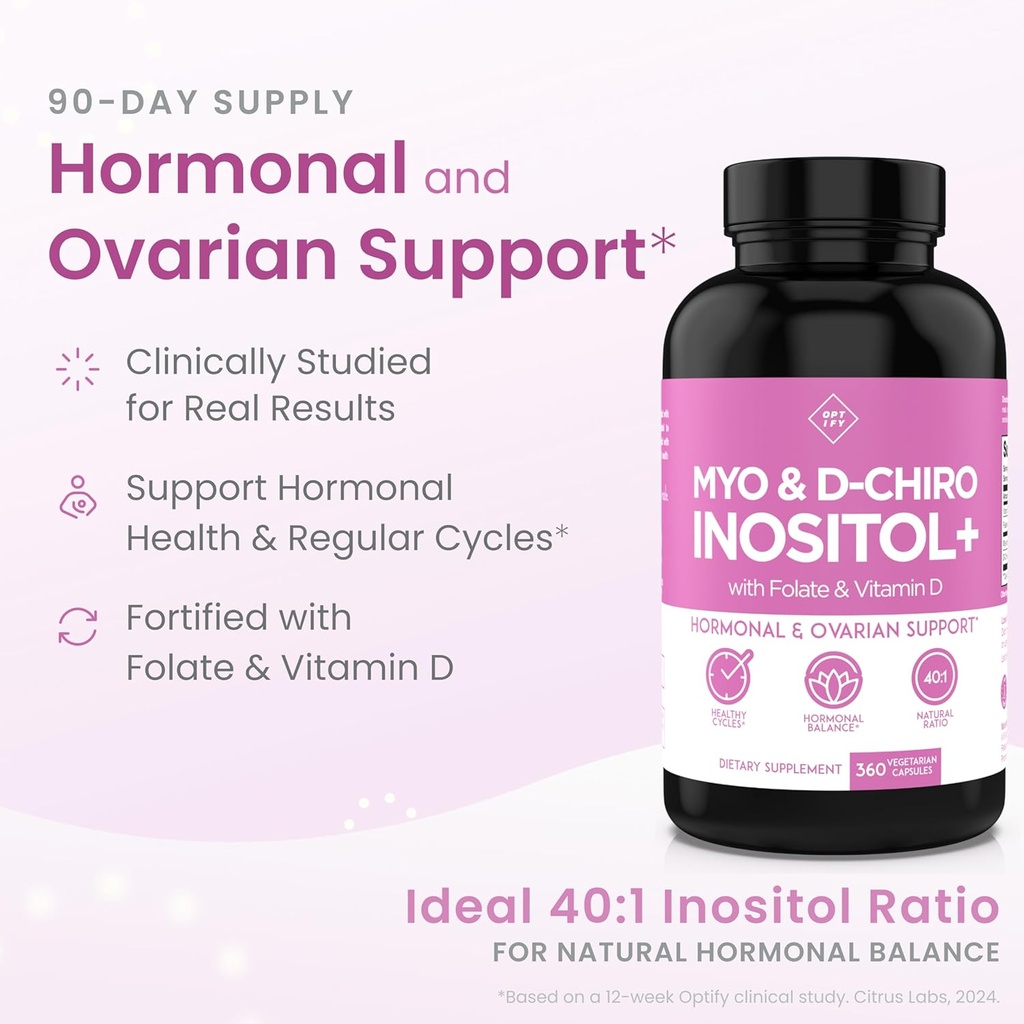 Optify Inositol Supplement for Women – 90-Day Supply – Myo-Inositol and D-Chiro Inositol with Folate and Vitamin D – 40:1 Ratio – Hormone Balance & Ovarian Support - 360 Capsules 3
