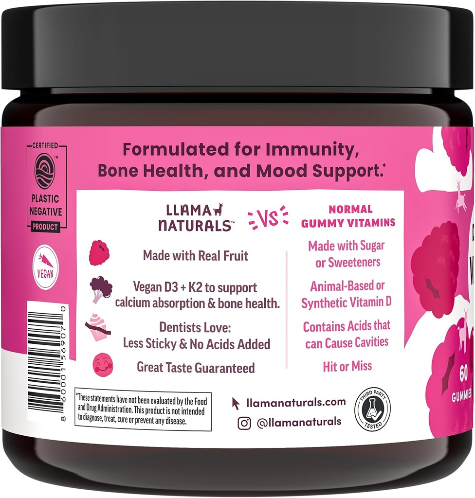 Llama Naturals Vitamin D3, Vegan, Organic Immune Support Supplement, Vitamin D Gummies for Adults and Kids, Real Fruit Gummy Vitamins, Promotes Bone Health, No Added Sugar Cane, Raspberry, 60 Ct 3