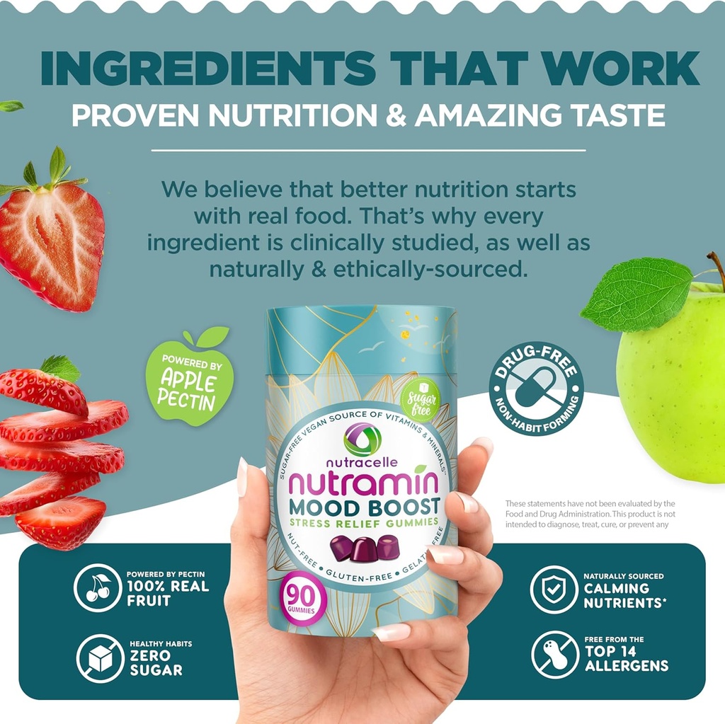 NUTRAMIN Mood Boost Multivitamin Gummy - Delicious & Yummy Anti-Stress Magnesium Ashwagandha Gummies + B Complex Vitamins for Focus and Calm - Sugar-Free, Vegan, Gluten-Free, Allergy-Safe (90 Count) 5