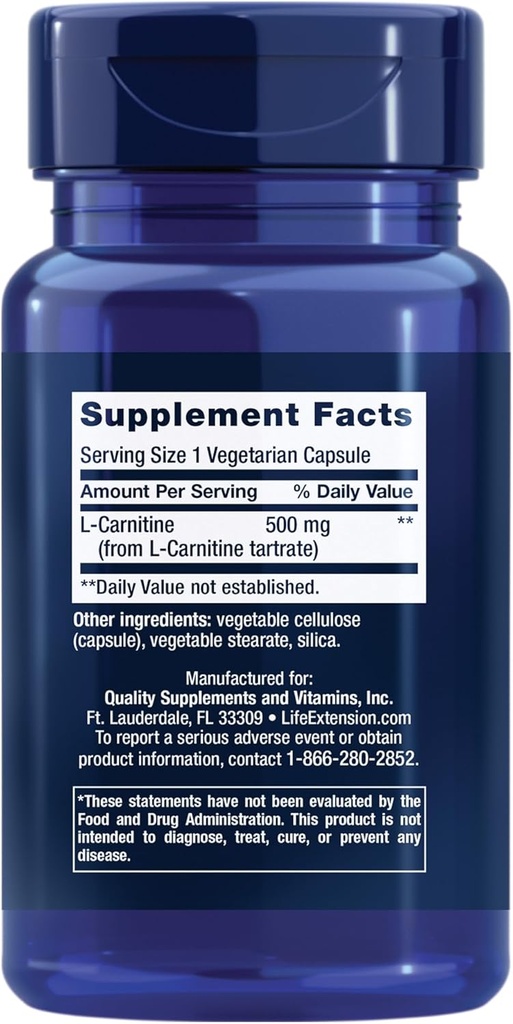Life Extension L-Carnitine – 500 mg, Energy Supplement, Memory Supplement – Free Form Amino Acid, Nitric Oxide Support – Gluten-Free, Non-GMO, Vegetarian – Two Pack - 2 x 30 Capsules 3