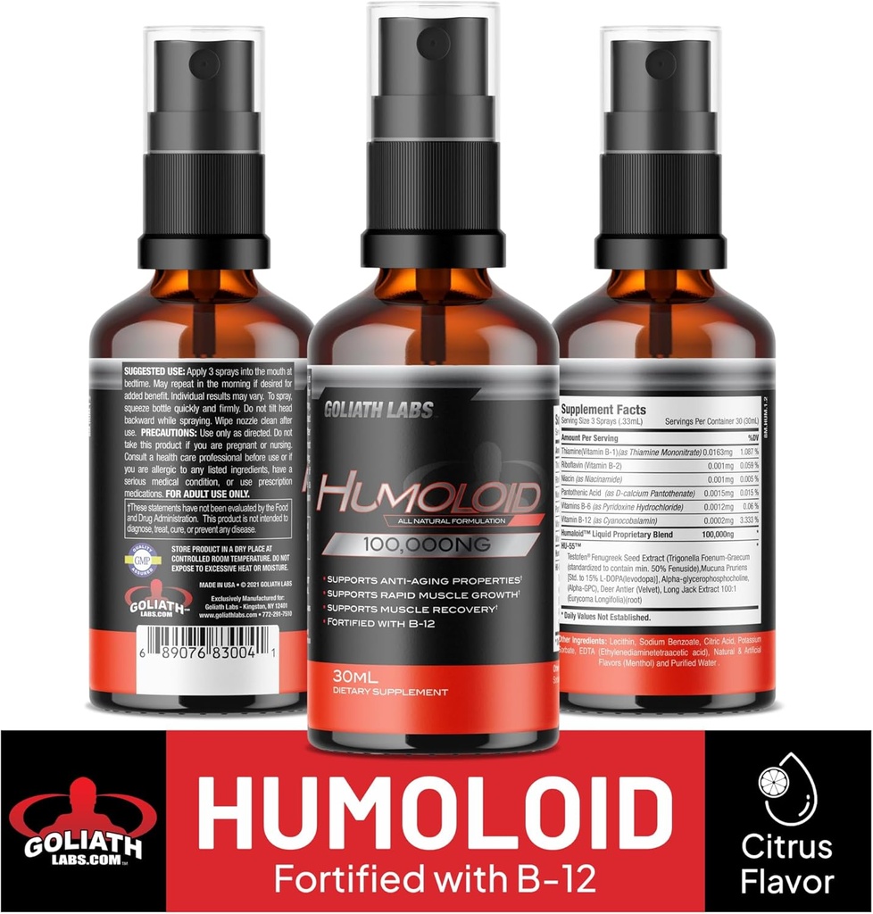 Humoloid B-12 Liquid – 30ml Citrus Oral Spray for Increased Energy, Muscle Growth, Faster Recovery, Youthful Vitality & Immune Support – Fortified with B-12 for Wellness – 30-Day Supply, Made in USA 3