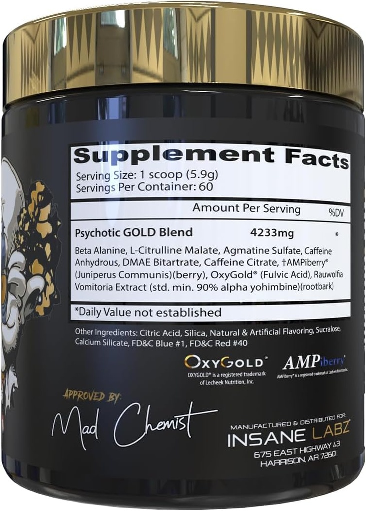 Insane Labz Psychotic Gold, High Stimulant Pre Workout Powder, Extreme Lasting Energy, Pumps and Endurance with Beta Alanine, DMAE Bitartrate, NO Booster (60 Servings, Grape) 3