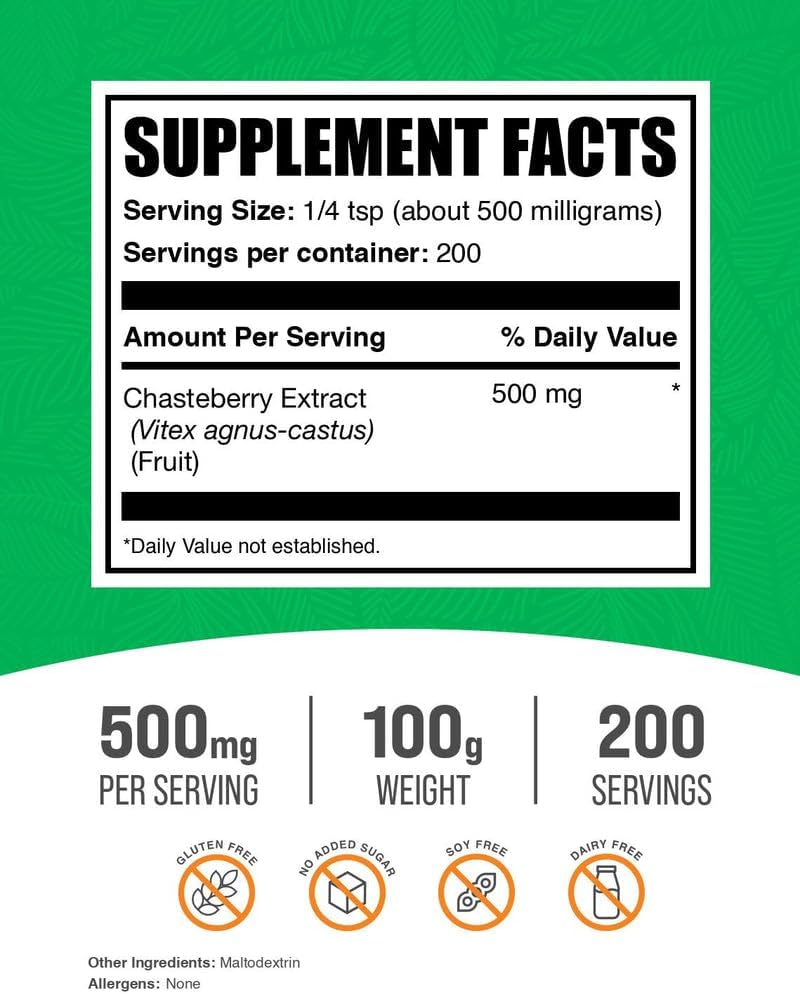 BulkSupplements.com Chasteberry Extract Powder - Chasteberry Sourced from Vitex Berry, Herbal Supplement - Vegan & Gluten Free, 500mg per Serving, 500g (1.1 lbs) (Pack of 1) 3
