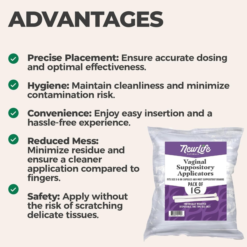 NewLife Naturals Disposable Plastic Vaginal Suppository Applicators - Fits Most Boric Acid Suppositories, Pills, Tablets, and Size 0 and 00 Capsules - pH Balance and Feminine Health - Pack of 16 3