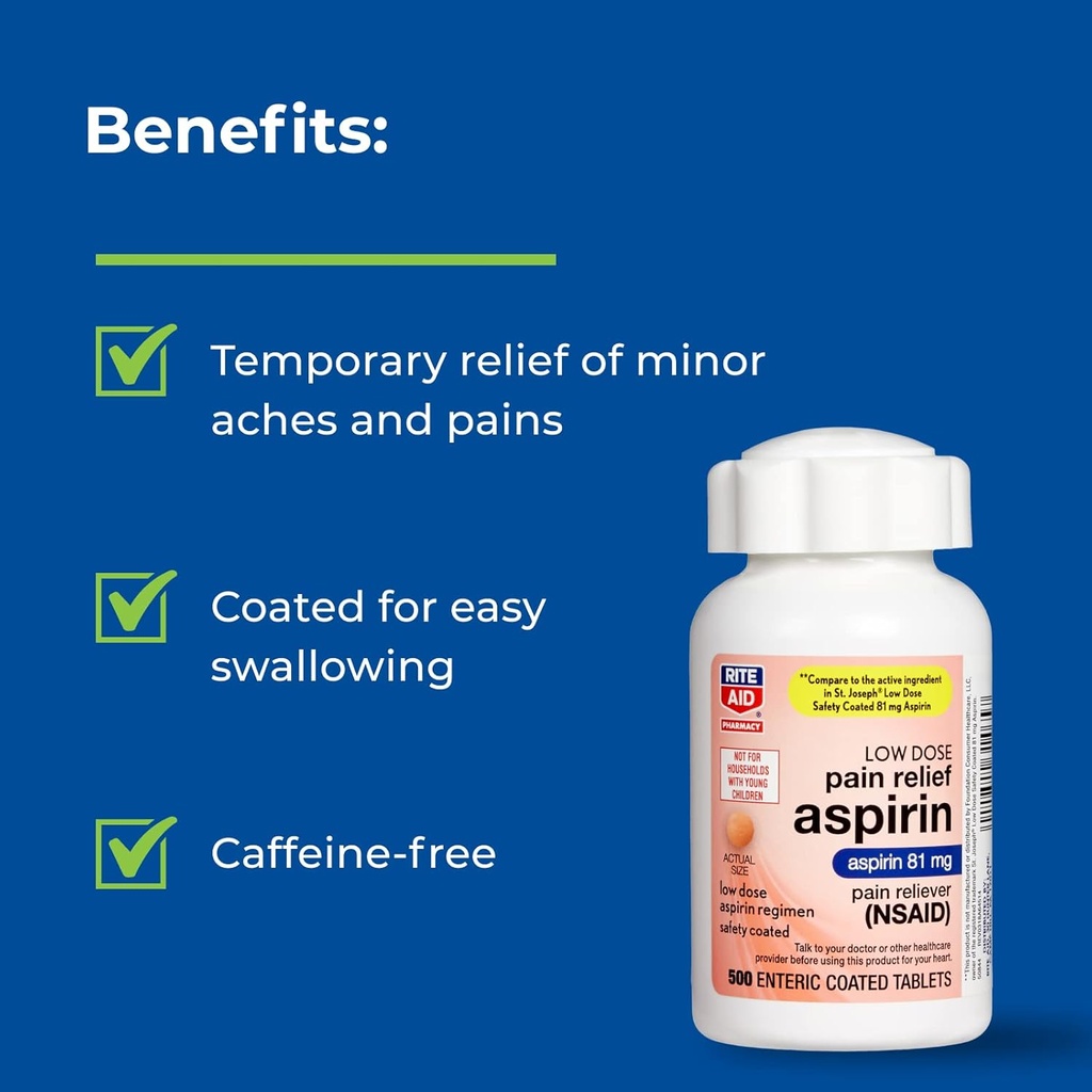 Rite Aid Aspirin Enteric Tablets - 81 mg Aspirin - 500 Count - Low-Dose for Headache Relief - Safety Coated - Aspirin Regimen - Migraine Medicine - Pain Relief 5