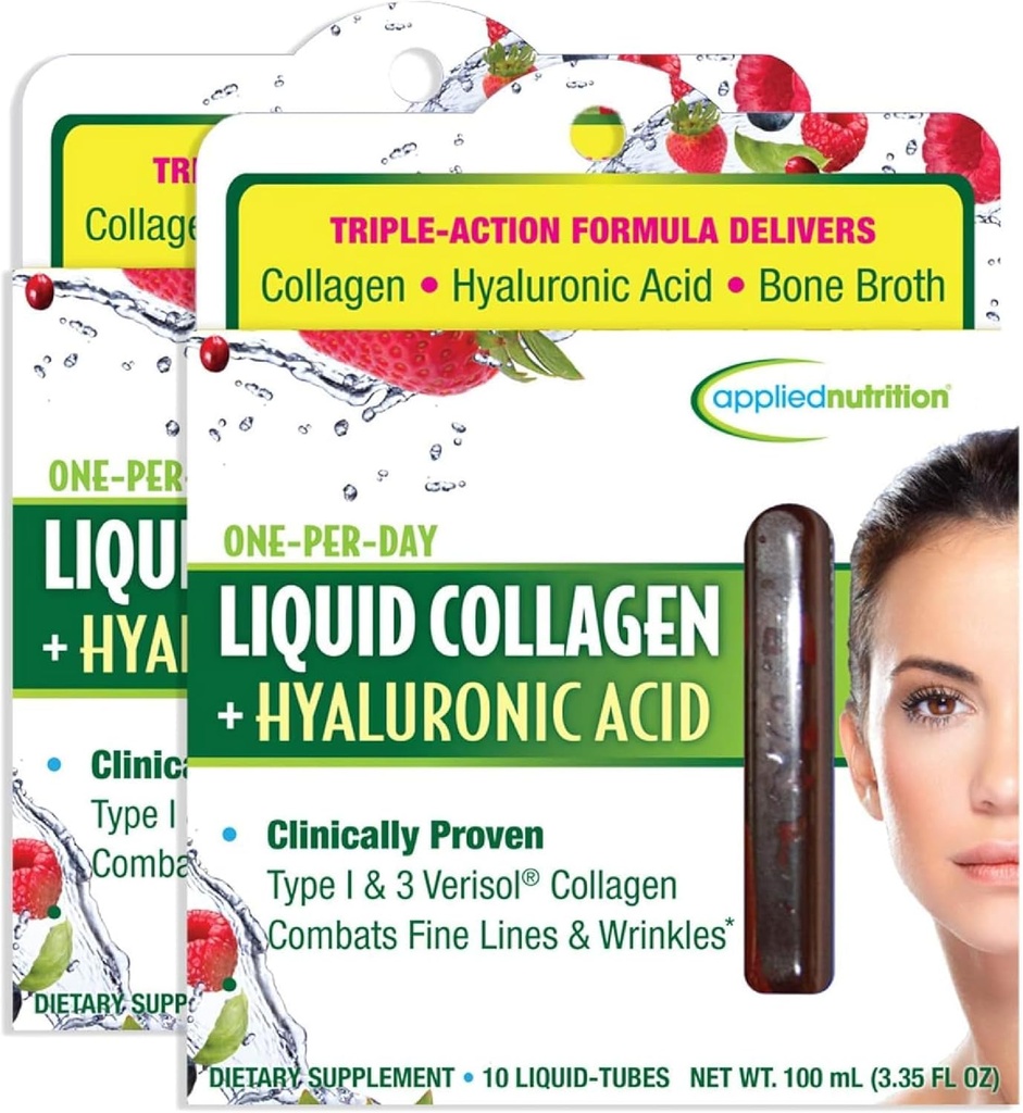 Applied Nutrition Liquid Collagen + Hyaluronic Acid - 10 Liquid Tubes, Pack of 2 - Skin & Nail Restoration - Mixed Berry Flavor - 20 Servings 2