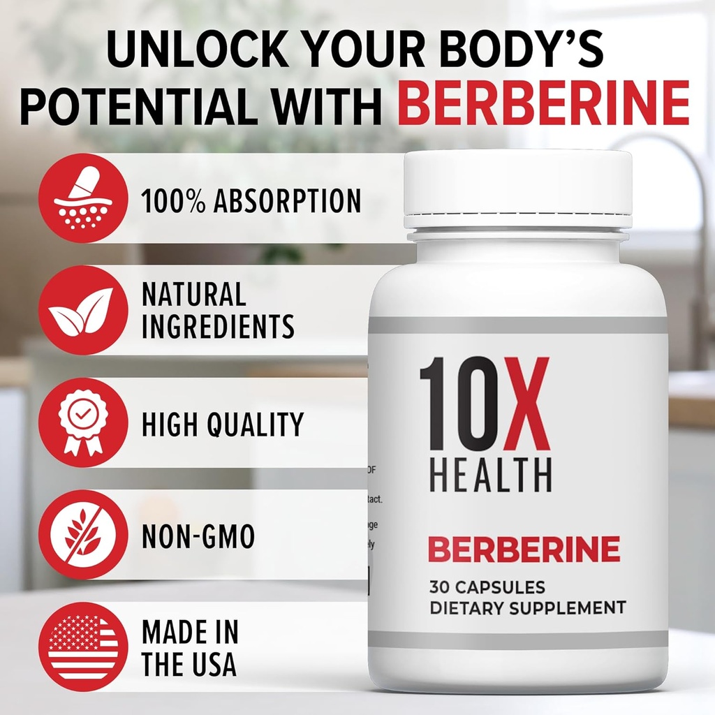 10X Health Berberine Supplement 500mg - Contains Dihydroberberine Supplement for Better Absorption - Supports Cardiovascular & Gut Health Supplements for Women & Men - 30 Capsules 6