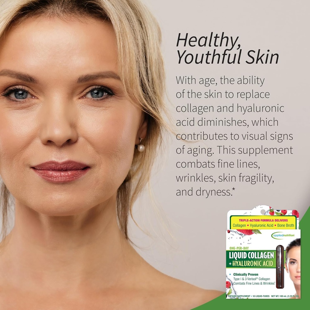 Applied Nutrition Liquid Collagen + Hyaluronic Acid - 10 Liquid Tubes, Pack of 2 - Skin & Nail Restoration - Mixed Berry Flavor - 20 Servings 6