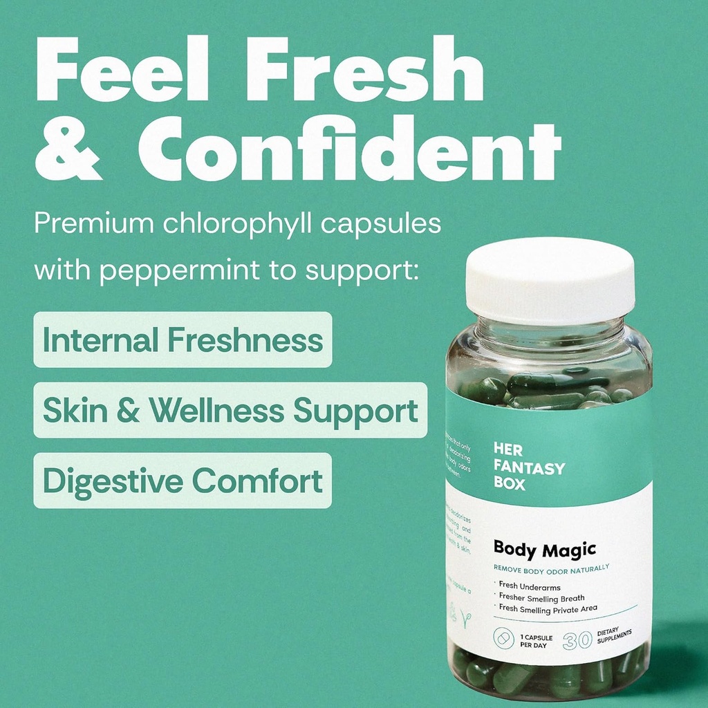 Her Fantasy Box | Body Magic | Chlorophyll Capsules - 30 Vegan Capsules for Detox, Digestion, Gut Health, Skin Support, and Oily Skin - Natural Energy Booster 4