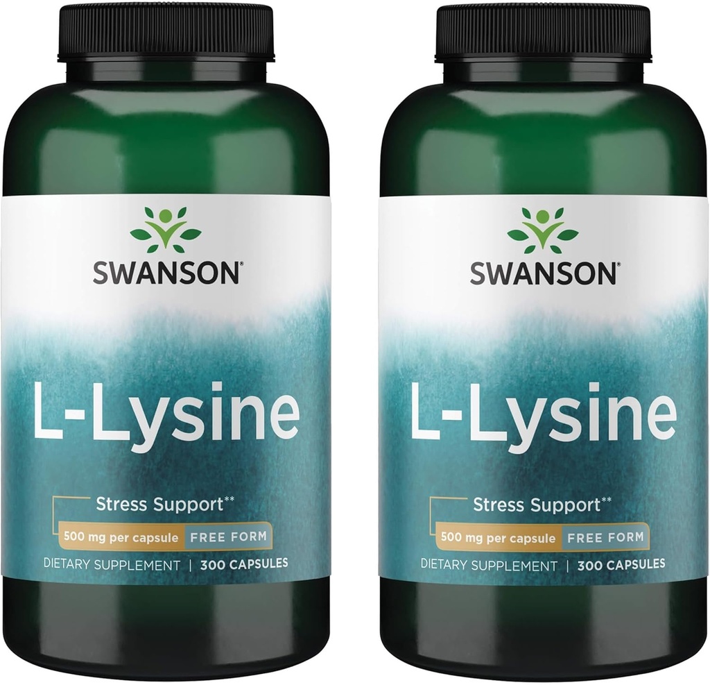 Swanson Free Form L-Lysine - Natural Supplement Promoting Stress Support & Nervous System Health - May Promote Calm Mood & Relaxation - (300 Capsules, 500mg Each) 2 Pack 2