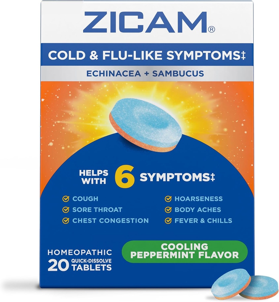 Zicam Cold & Flu-Like Symptoms with Echinacea and Sambucus, Homeopathic, Zinc, Cooling Peppermint Flavor, Helps with Cold Symptoms, 20 Tablets 2