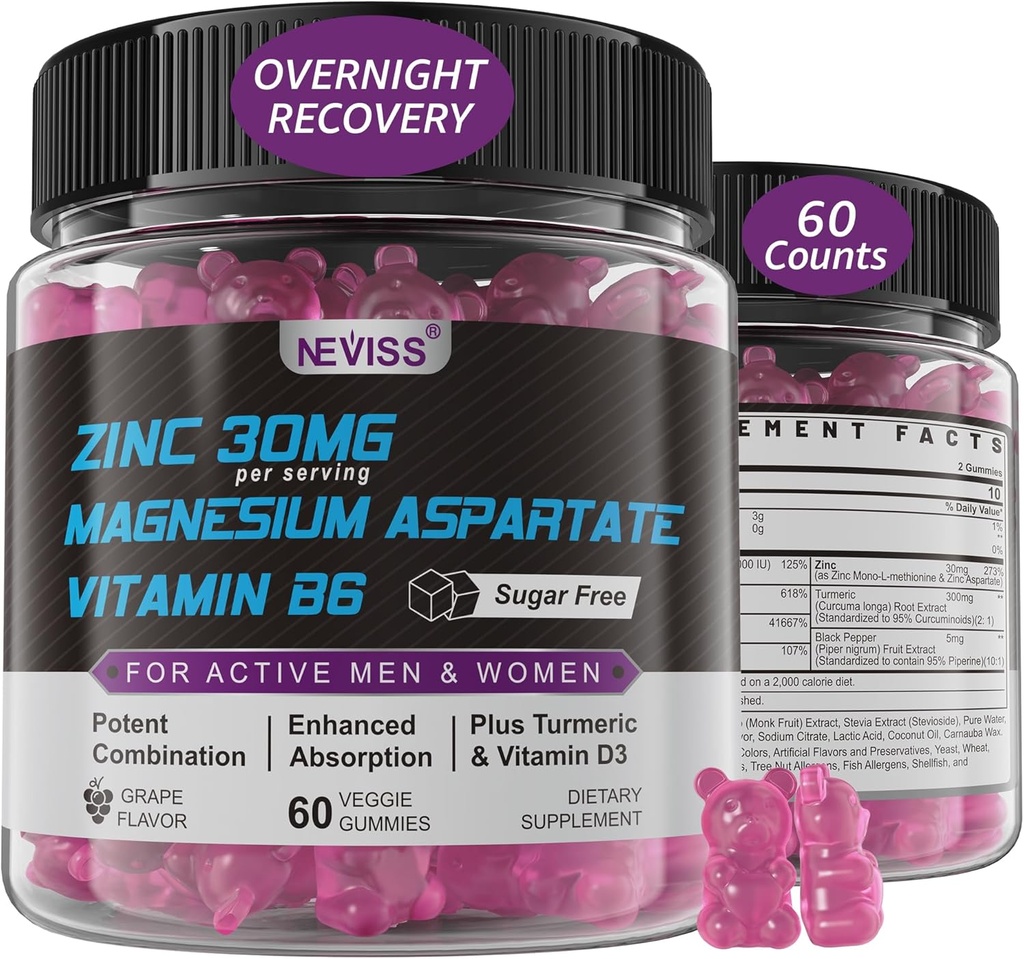 Zinc and Magnesium Supplement, Zinc Magnesium Aspartate Post Workout Gummies for Men Women, with Vitamin B6, B12, D3, Turmeric for Nighttime Recovery, Reduce Fatigue, Boost Immunity & Sleep, 60 Count 2