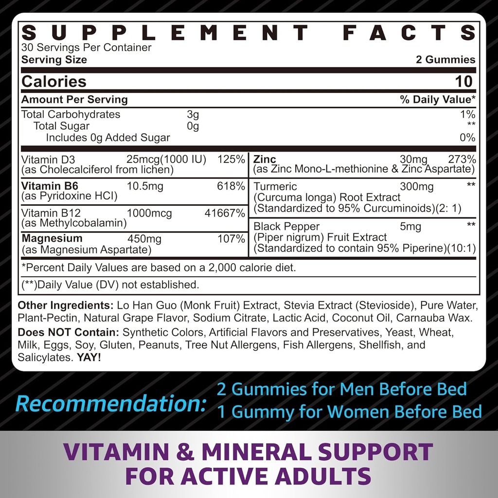 Zinc and Magnesium Supplement, Zinc Magnesium Aspartate Post Workout Gummies for Men Women, with Vitamin B6, B12, D3, Turmeric for Nighttime Recovery, Reduce Fatigue, Boost Immunity & Sleep, 60 Count 3