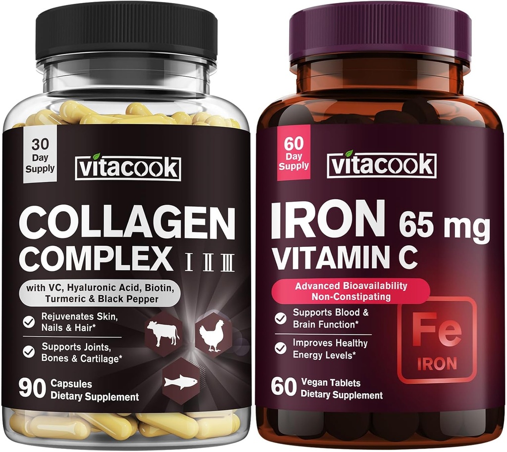 Collagen Peptides and Iron Bundle, 2025 MG Collagen, Zero Sugar, 65 MG Elemental Iron, Carbonyl Iron with Vitamin C, Gentle on The Stomach 2