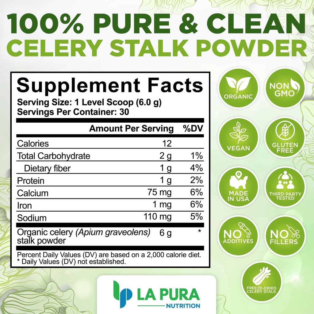 LaPura Organic Celery Powder - Pure Celery Juice Powder for Gut Health Support - Plant Based Green Superfood for Smoothies, Juices, and Recipes - Travel Friendly and Gluten Free, 30 Servings, 6.35 oz 3