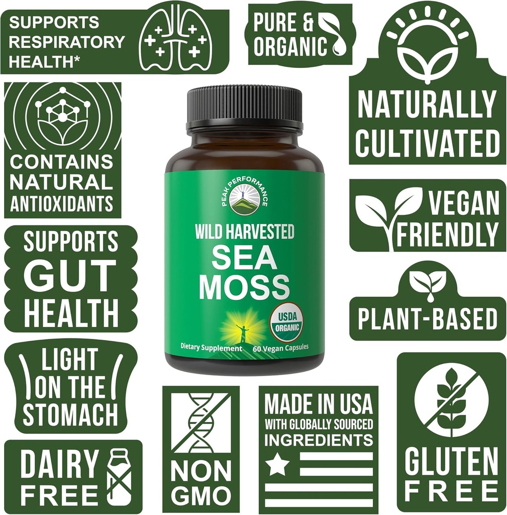 Organic Sea Moss Capsules. Wild Harvested Sea Moss Raw Organic Vegan Supplement from Red Algae Seaweed. 100% Whole Extract Raw Irish SeaMoss Superfood Pills. for Gut, Respiratory, Immune Support. 4
