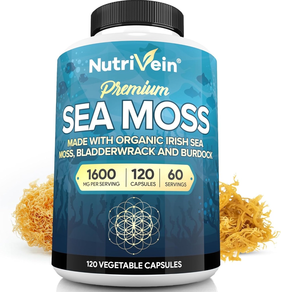 Nutrivein Organic Sea Moss 1600mg Plus Bladderwrack & Burdock - 120 Caps for Adults - Prebiotic Super-Food - Immune System & Digestive Health - Thyroid, Skin, Keto Detox, Gut, Joint Support 2