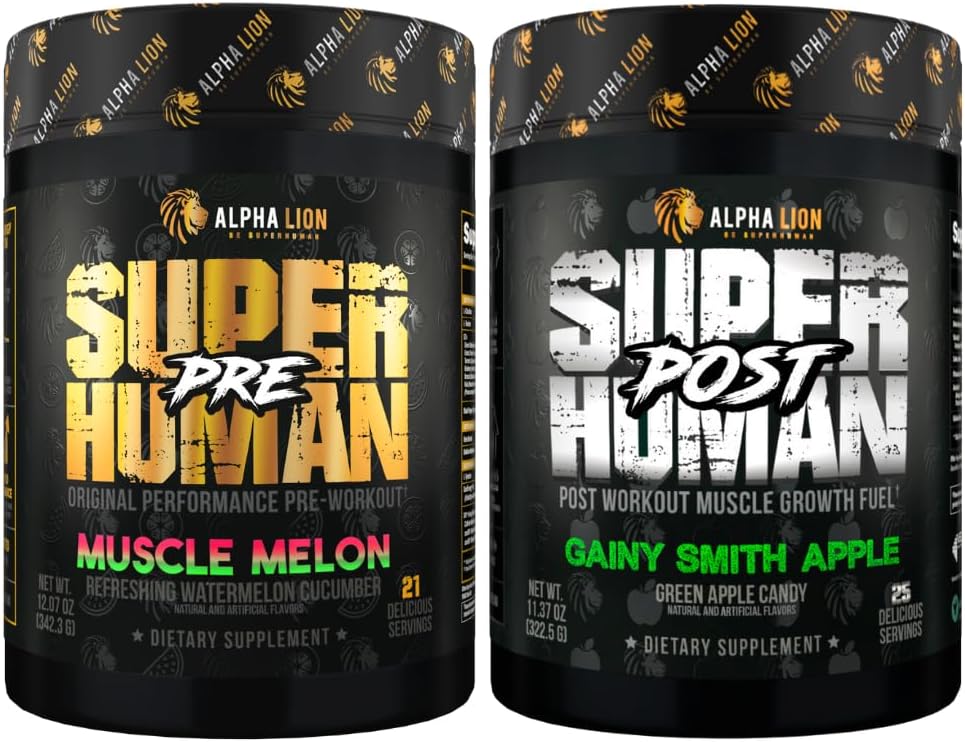 ALPHA LION Superhuman Pre Workout Powder & Post Workout Recovery Bundle, Sustained Energy & Focus + Lean Muscle Growth, Strength & Volume (Muscle Melon & Gainy Smith Apple) 2