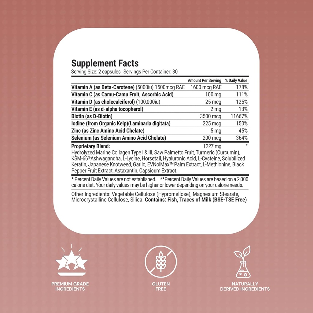 Le-Vel Thrive, Premium Collagen with Biotin 3500mcg, Vitamin C, Zinc, and Turmeric – Hair, Skin, Nails, Joints – Hydrolyzed Marine Collagen, Ashwagandha, Keratin, Organic Kelp 60 Capsules 3