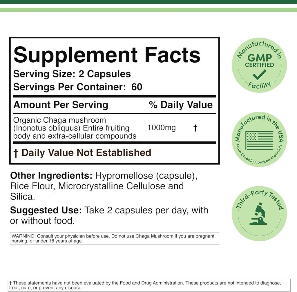 Chaga Mushrooms Capsules 120 Count (1,000mg Chaga Mushrooms Powder per Serving) High in Polysaccharides, Beta Glucans, and Terpenoids - Grown and Made in The USA, Vegan Safe, Organic by Double Wood 3