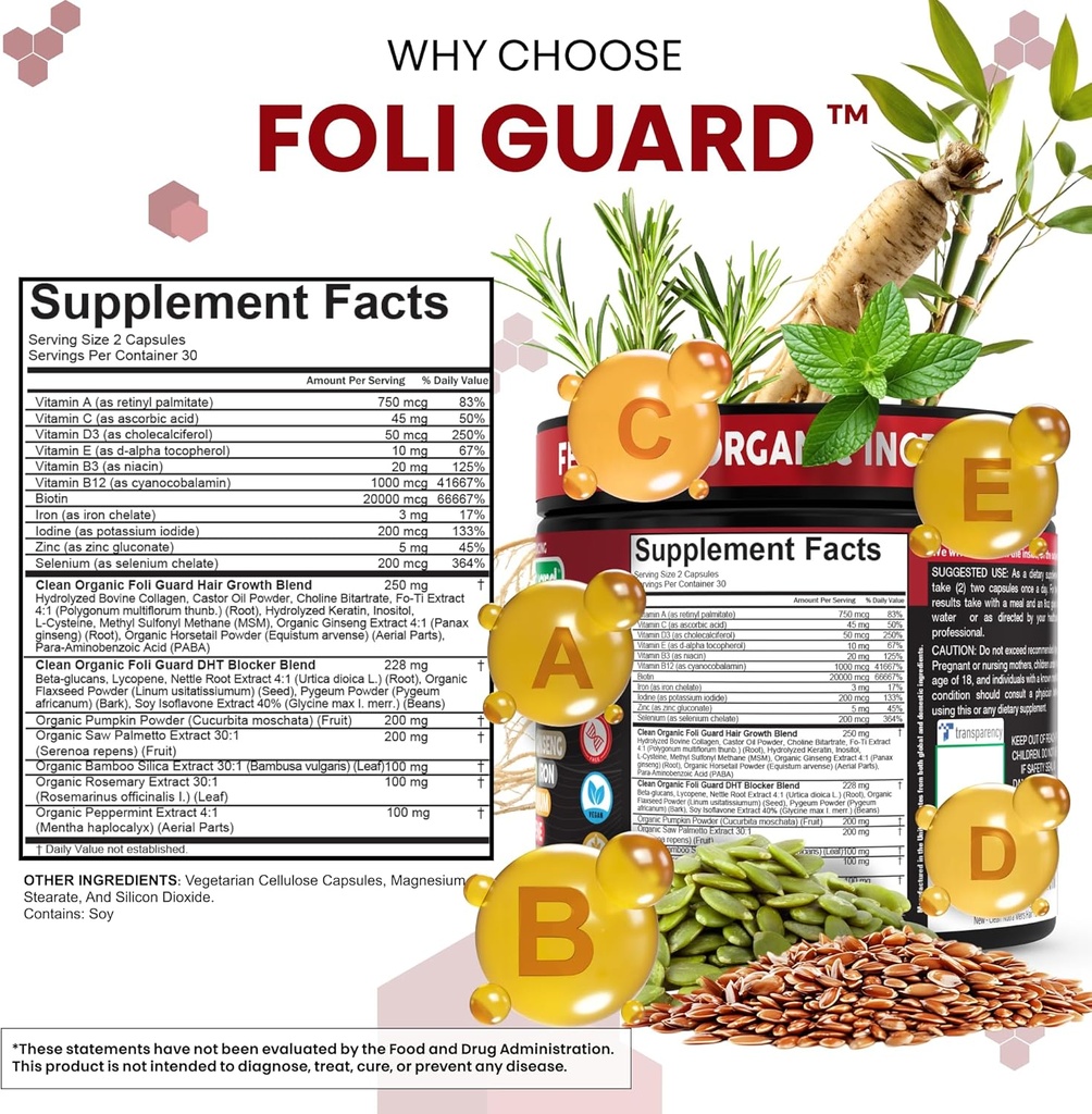 Hair Growth Supplement For Men | Biotin Hair Vitamins Collagen Pumpkin Seed Saw Palmetto Iron Ginseng Bamboo Silica Rosemary Peppermint Keratin Selenium Iodine Flaxseed Horsetail Vitamin A C D3 E B12 5