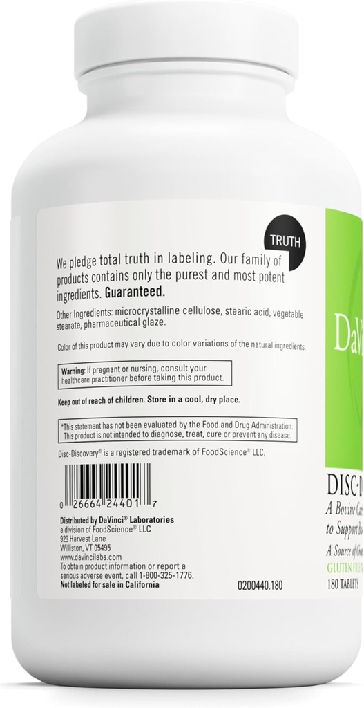 DAVINCI Labs Disc Discovery - Support Spinal Health & Back Function - with Vitamin C, Vitamin D3, Bovine Tracheal Cartilage, Apple Pectin & Horsetail Powder - Gluten-Free - 180 Capsules 4