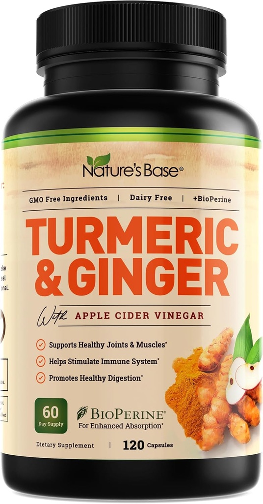 Nature's Base Turmeric and Ginger Supplement - with Curcumin, Apple Cider Vinegar & BioPerine Black Pepper Extract - 95% Curcuminoids - 120 Capsules 2